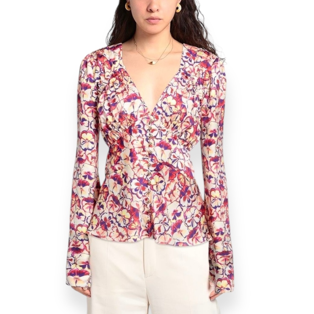 Paco Rabanne Floral Peplum Top Yellow Ruched Long Sleeve Blouse Size 38 US 6 NWT